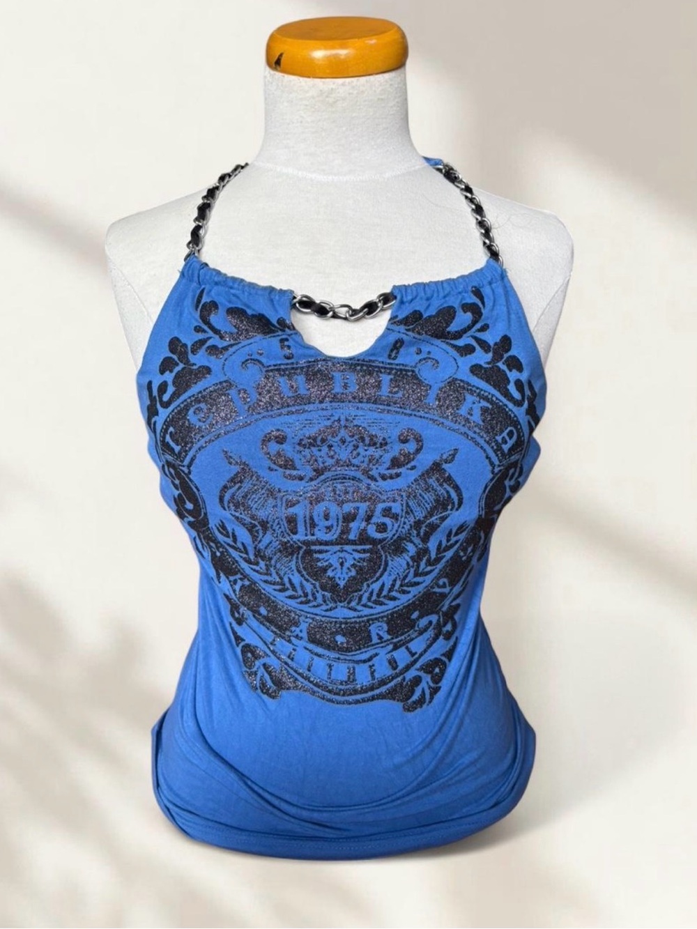 Blue Chain-Halter Graphic Camisole